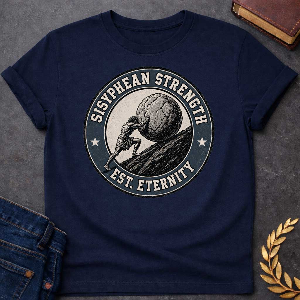Navy T-Shirt with a circular, vintage-style badge design.  The illustration features a woodcut-style depiction of Sisyphus pushing a massive boulder up a steep, rocky hill. Encircling the artwork is a dark blue, textured border with the text "SISYPHEAN STRENGTH" arched at the top and "EST. ETERNITY" at the bottom, accented by a small white star on either side
