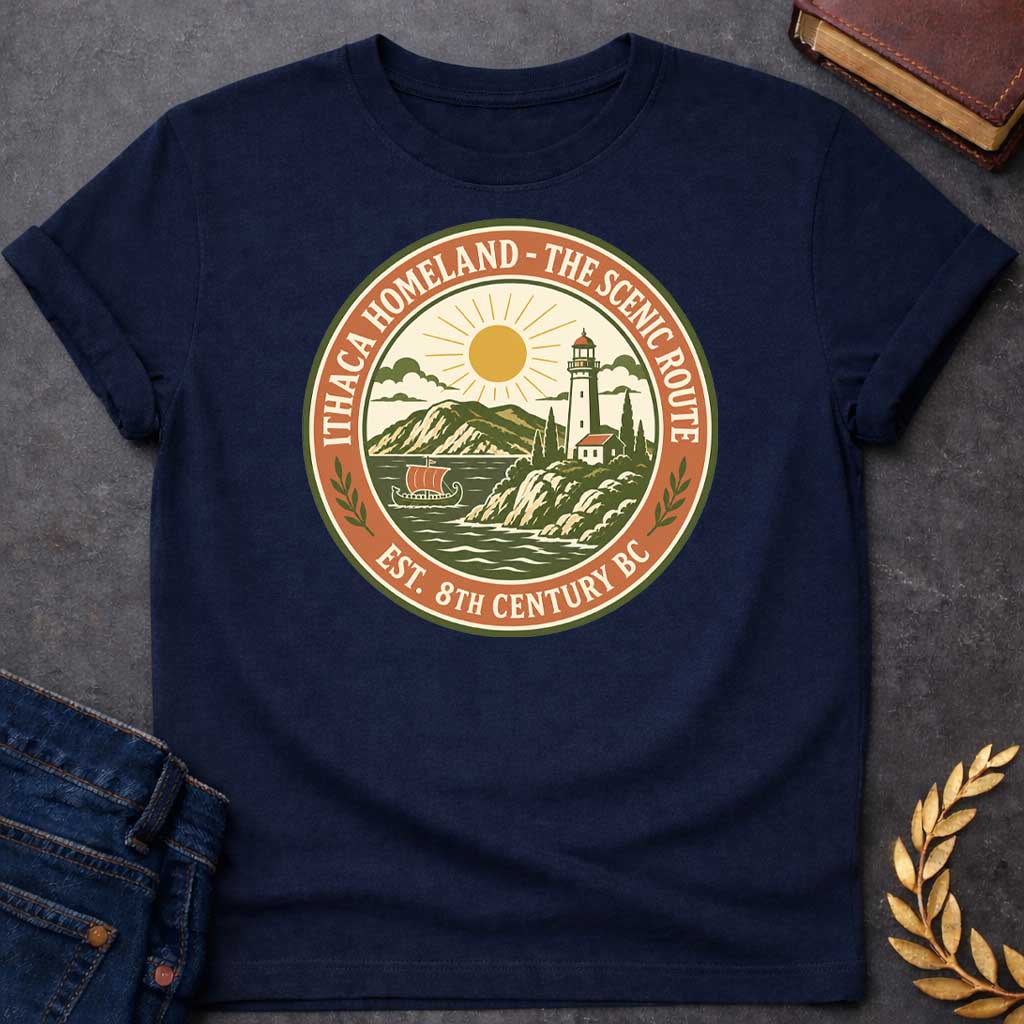 Navy T-Shirt with a Circular badge design for Ithaca Homeland - The Scenic Route, established 8th Century BC. The vintage-style emblem features a coastal Mediterranean landscape with a lighthouse, small white building with red roof, cypress trees, and rolling hills in the background. A golden sun with radiating rays shines above the scene, while stylized waves crash in the foreground. A traditional Greek ship with an orange sail floats on the water. The design uses an earthy color palette of olive green, te