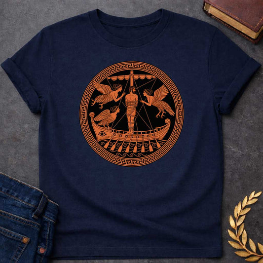 Navy T-Shirt with an Ancient Greek red-figure pottery design depicting Odysseus lashed to the mast of his ship as he encounters the Sirens. A bearded man is bound to the central mast, surrounded by three winged Sirens with women's heads and birds' bodies. The ship features an eye on the hull, oars, and decorative scrollwork. Rendered in terracotta orange against black, enclosed in a Greek key border. Represents the Homeric episode where Odysseus hears the Sirens' song without succumbing to their allure.