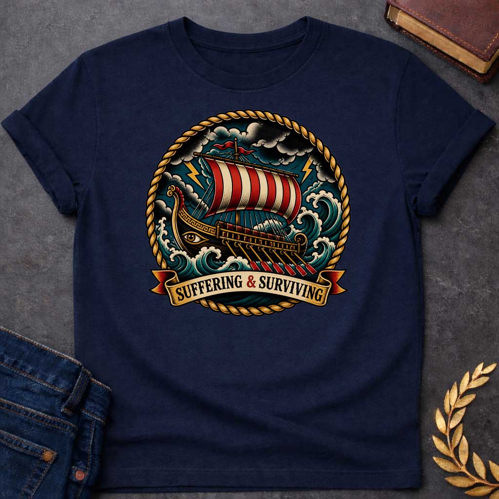 Navy T-Shirt with a traditional tattoo-style illustration of a Greek warship battling through a storm at sea, enclosed in a circular rope border. The vessel features an eye on its dark hull, red and cream striped sail, and multiple oars. The ship navigates turbulent teal waves under stormy skies with yellow lightning bolts. A ribbon banner reads 'SUFFERING & SURVIVING.' Rendered in bold vintage tattoo aesthetic with deep teals, reds, golds, and blacks, emphasizing perseverance through adversity.