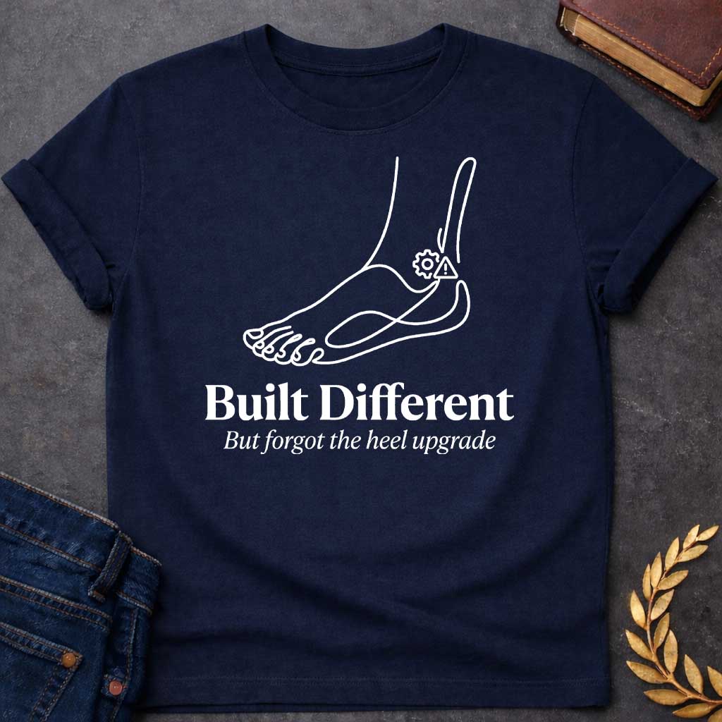 Navy T-Shirt with a minimalist line drawing of a human foot and ankle in dark gray profile, with a gear and a warning triangle icon near the heel. Below, bold serif text reads 'Built Different' and italicized text says 'But forgot the heel upgrade.' This design is a humorous, modern take on the myth of Achilles, playing on the slang 'built different' while joking that the hero's famous weakness was like a manufacturing defect or a forgotten software update 