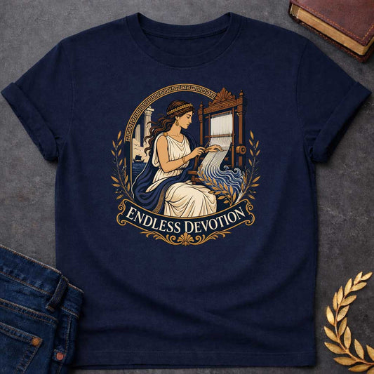 Navy T-Shirt with a classical illustration of Penelope from Greek mythology, seated at an ornate wooden loom, weaving. She wears a cream chiton with navy blue drape and a golden laurel crown, with long wavy brown hair. Behind her, a Greek temple column and ship at sea are visible. The scene is framed by a Greek key pattern arch and olive branches. An ornate banner below reads 'ENDLESS DEVOTION.' Rich colors of navy, cream, gold, and brown depict Penelope's faithful waiting for Odysseus' return.