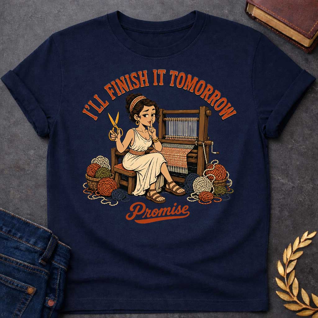 Navy T-Shirt with a humorous cartoon of Penelope at a wooden loom, holding scissors and making a 'shh' gesture. She wears a cream chiton with Greek key pattern belt, with curly brown hair. Baskets of colorful yarn surround her. Text reads 'I'LL FINISH IT TOMORROW' above and 'Promise' below. Comedic reference to Penelope's famous delaying tactic of weaving and unweaving her shroud to avoid suitors, reframed as modern procrastination humor.