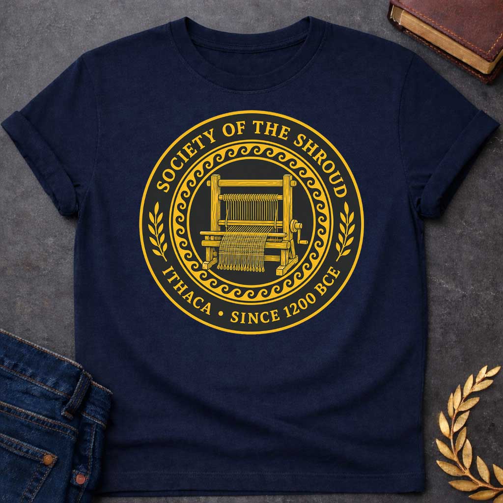 Navy T-Shirt with a circular emblem in gold and black featuring a detailed weaving loom at the center with partially woven fabric. Enclosed by a decorative wave pattern border. Text reads 'SOCIETY OF THE SHROUD' around the top arc, with 'ITHACA • SINCE 1200 BCE' along the bottom. Wheat sheaf motifs flank either side. References Penelope's famous shroud-weaving from Homer's Odyssey, styled as a formal organizational seal with classical Greek design elements.