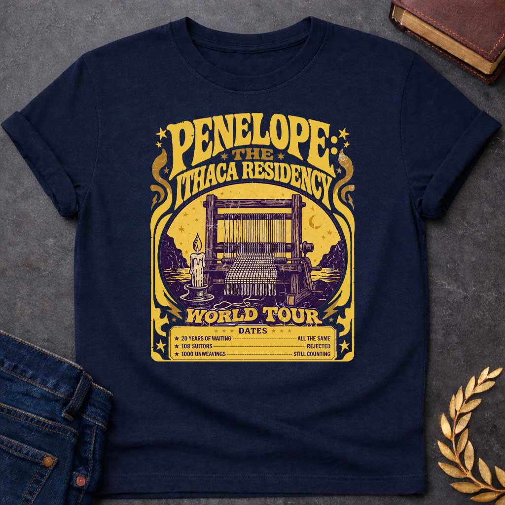 Navy T-Shirt with a vintage concert poster parody in purple and gold featuring Penelope's loom. Text reads 'PENELOPE: THE ITHACA RESIDENCY' and 'WORLD TOUR' in distressed lettering. Central image shows a wooden loom with candle against a golden circular backdrop with cypress trees. Humorous tour dates list: '20 YEARS OF WAITING - ALL THE SAME', '108 SUITORS - REJECTED', '1000 UNWEAVINGS - STILL COUNTING.' Art Nouveau-style design with decorative flourishes references Penelope's faithful waiting in The Odyss