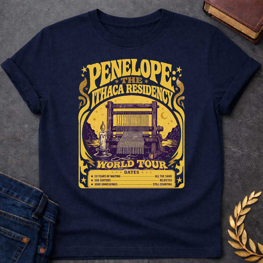 Navy T-Shirt with a vintage concert poster parody in purple and gold featuring Penelope's loom. Text reads 'PENELOPE: THE ITHACA RESIDENCY' and 'WORLD TOUR' in distressed lettering. Central image shows a wooden loom with candle against a golden circular backdrop with cypress trees. Humorous tour dates list: '20 YEARS OF WAITING - ALL THE SAME', '108 SUITORS - REJECTED', '1000 UNWEAVINGS - STILL COUNTING.' Art Nouveau-style design with decorative flourishes references Penelope's faithful waiting in The Odyss
