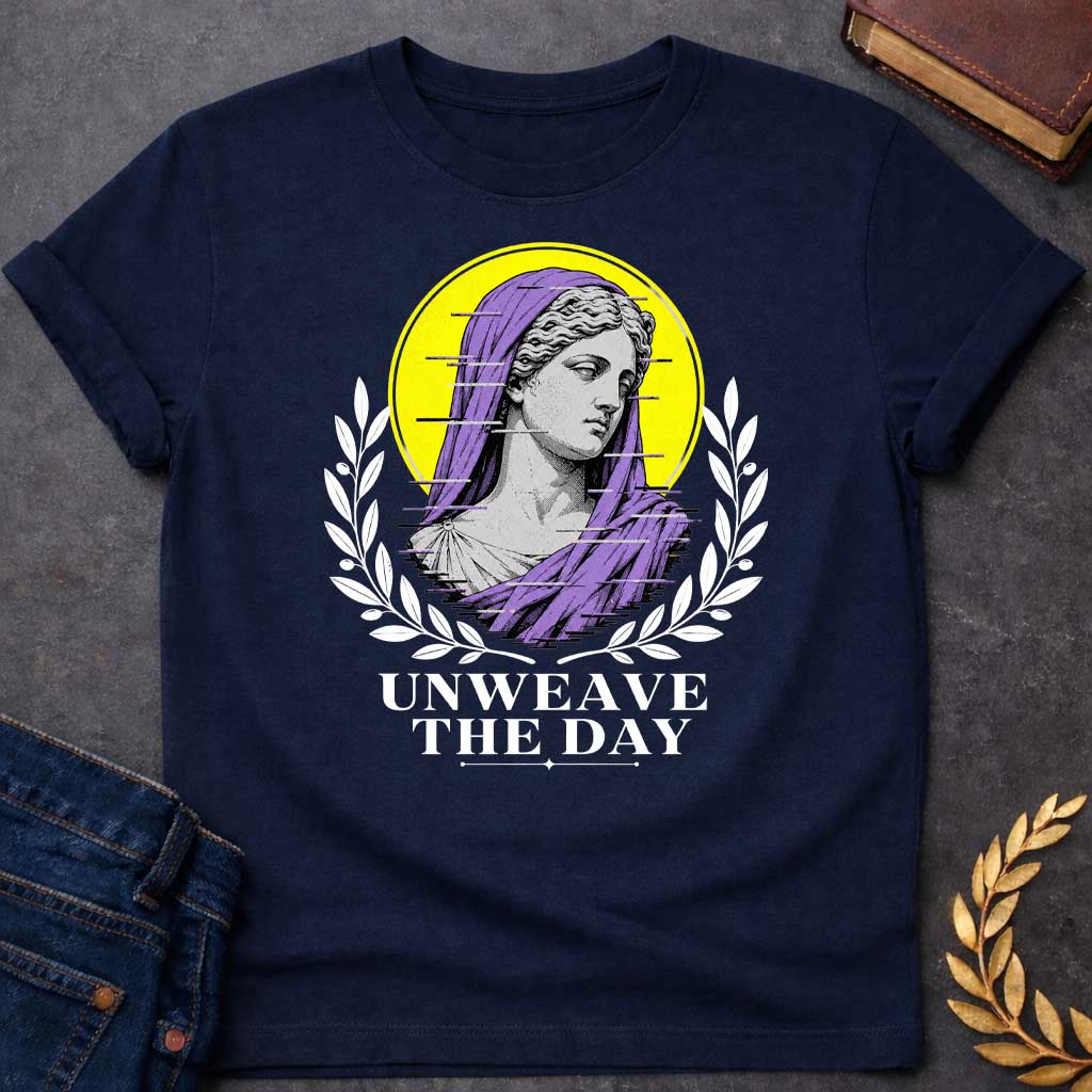 Navy T-Shirt with a Modern vaporwave-style design featuring a classical Greek statue bust with digital glitch effect. Gray engraved figure wears purple veil against bright yellow circular background. Horizontal black glitch lines disrupt the image. Flanked by black olive branch wreaths. Bold text reads 'UNWEAVE THE DAY' below. References Penelope's nightly unweaving from The Odyssey, reimagined with contemporary digital aesthetic combining ancient Greek art with modern glitch art style.