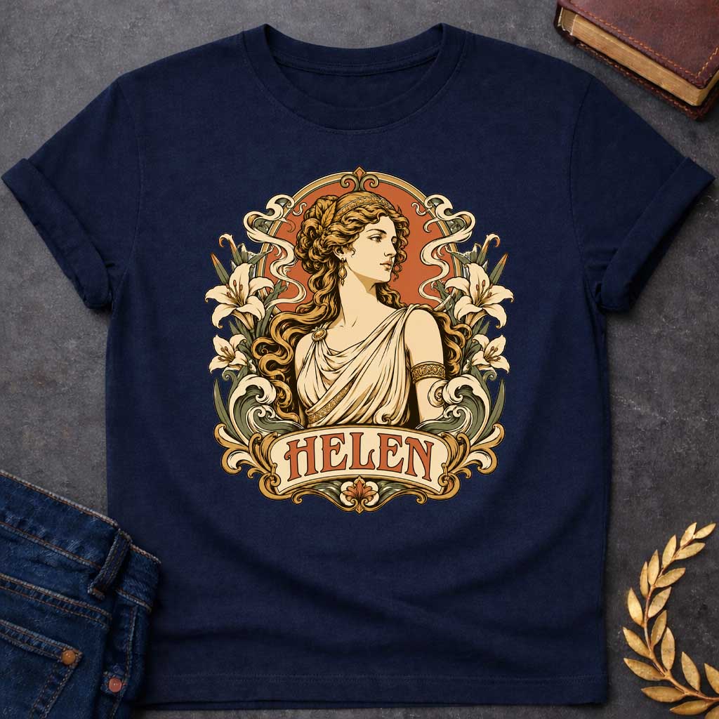 Navy T-shirt with an Art Nouveau style t-shirt graphic featuring a profile portrait of Helen of Troy. She has flowing wavy hair, a gold headband, and an elegant cream-colored Greek chiton. The design is framed by an ornate, vintage border decorated with blooming white lilies and flowing ribbons. At the bottom, an elegant banner displays the name "HELEN" in an antique font, featuring a warm terracotta and muted green color palette