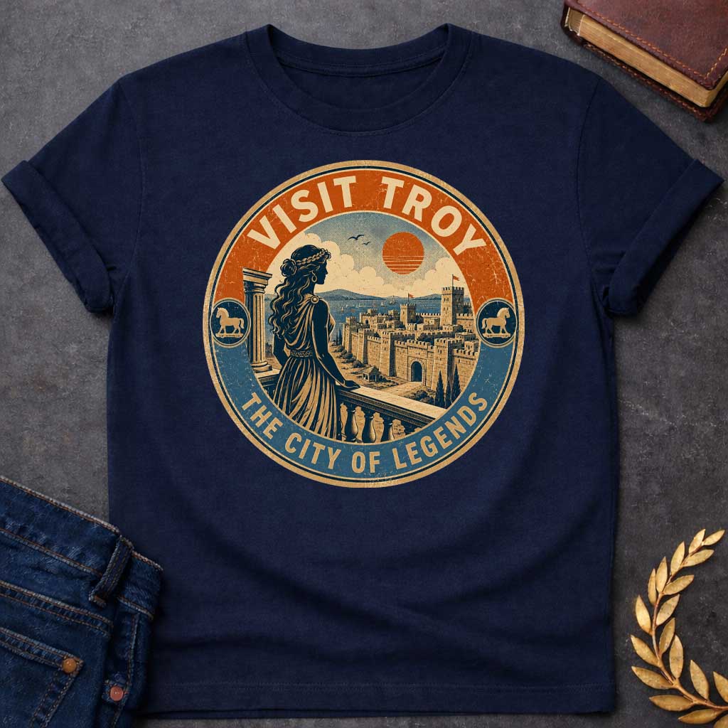 Navy T-shirt with a vintage, distressed travel-badge style design. A woman in a Greek dress stands on a balcony, looking out at the walled city of Troy, the sea, and a setting orange sun. The circular logo has a textured cream, orange, and blue color palette. The top border reads "VISIT TROY" and the bottom reads "THE CITY OF LEGENDS." Small circular icons featuring the Trojan Horse accent both sides of the frame.