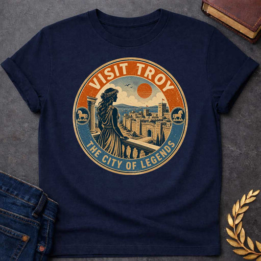 Navy T-shirt with a vintage, distressed travel-badge style design. A woman in a Greek dress stands on a balcony, looking out at the walled city of Troy, the sea, and a setting orange sun. The circular logo has a textured cream, orange, and blue color palette. The top border reads "VISIT TROY" and the bottom reads "THE CITY OF LEGENDS." Small circular icons featuring the Trojan Horse accent both sides of the frame.
