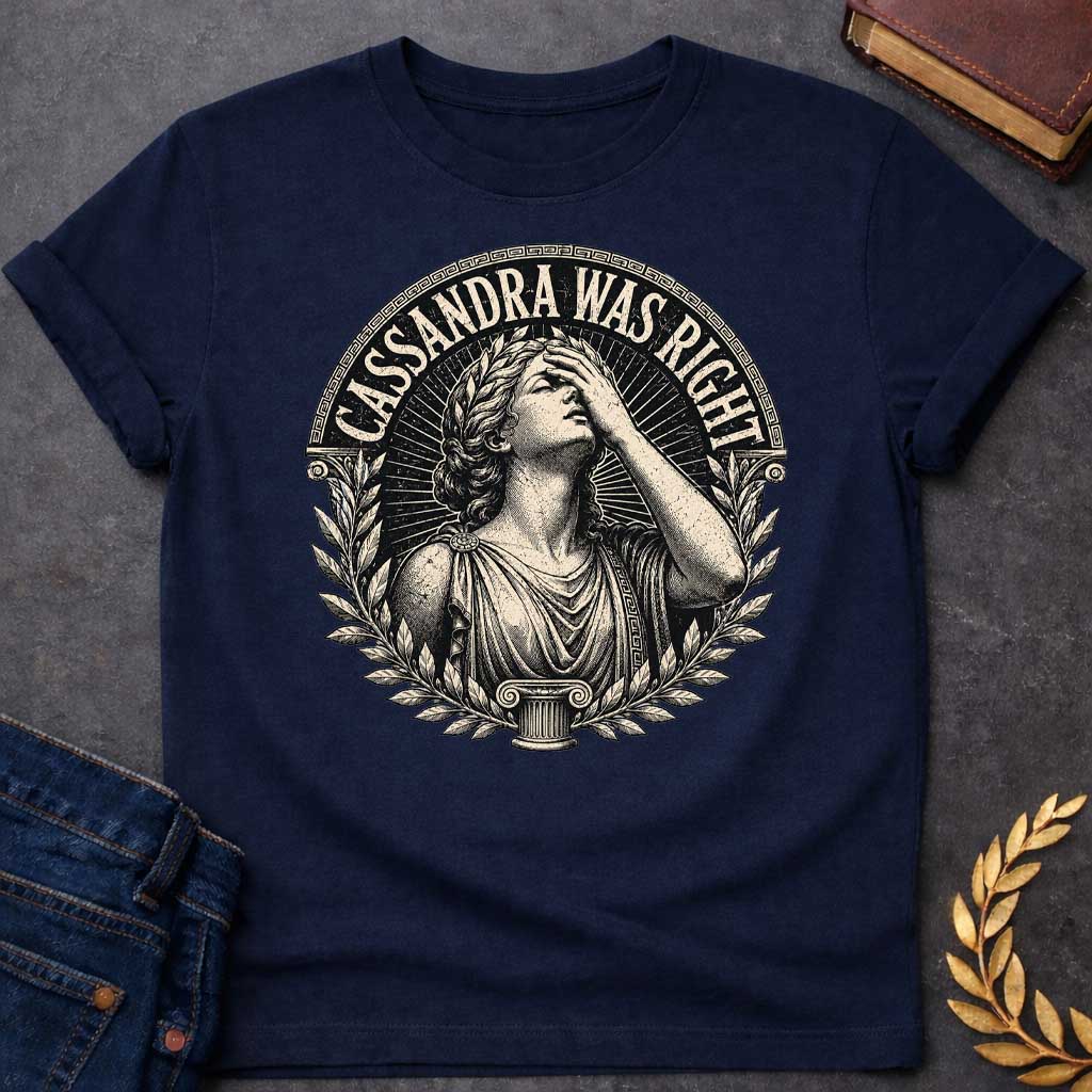 Navy T-shirt with a classical engraving-style illustration of Cassandra, the Trojan prophetess, looking upward with one hand raised to her forehead in anguish. She wears flowing Greek robes with decorative brooch and Greek key pattern trim. Surrounded by laurel wreaths and flanked by Ionic columns. Radiating lines create a dramatic halo effect. Text 'CASSANDRA WAS RIGHT' curves along the top within a Greek key border. References the tragic myth of Cassandra, cursed to see the future but never be believed.