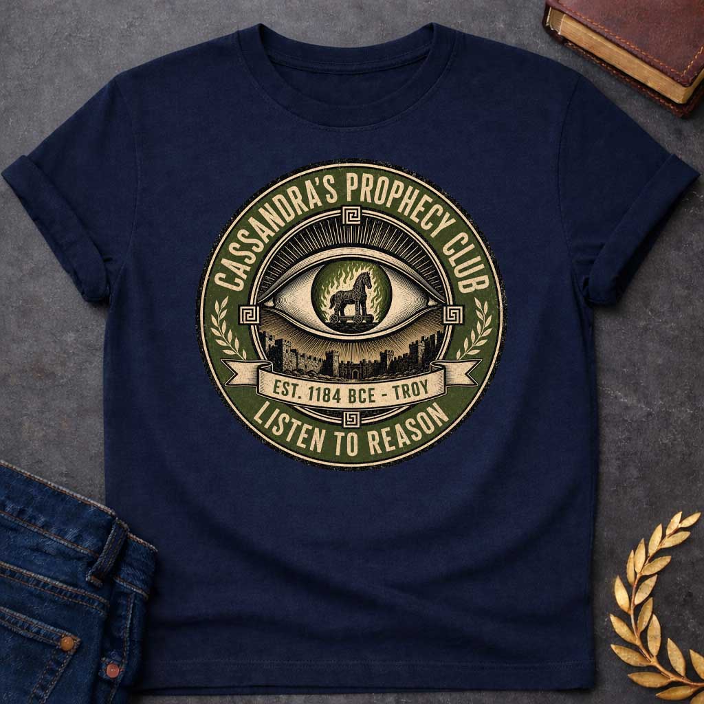 Navy T-shirt with a Vintage circular badge in olive green, cream, and black featuring an all-seeing eye at center with the Trojan Horse surrounded by flames in the pupil. Below the eye are the walls of Troy. Text reads 'CASSANDRA'S PROPHECY CLUB' around the top arc, 'EST. 1184 BCE - TROY' on a banner, and 'LISTEN TO REASON' along the bottom. Wheat sheaves and Greek key patterns decorate the sides. Distressed texture. References Cassandra's ignored warnings about the Trojan Horse.