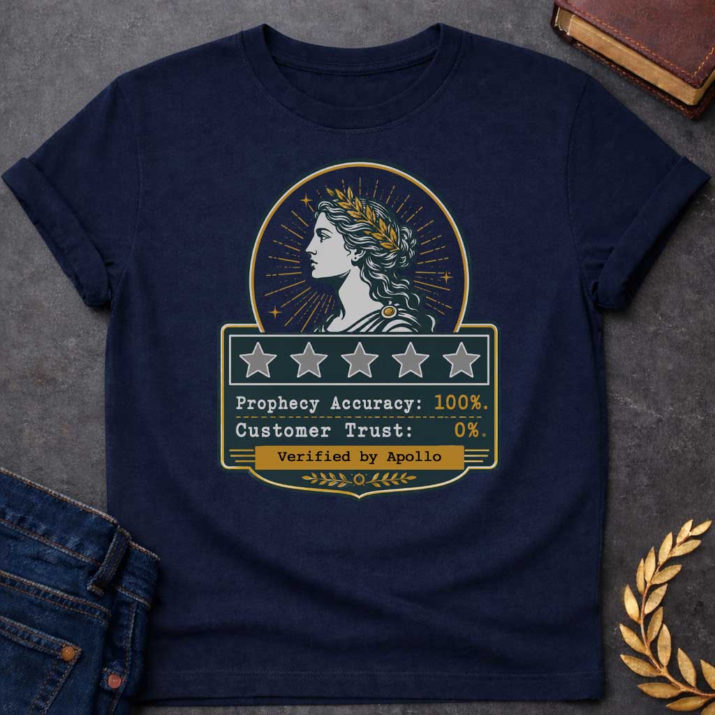 Navy T-shirt with a satirical Greek mythology badge referencing Cassandra. The top features a vector profile of a woman wearing a gold laurel wreath with a radiant sunburst behind her. Below, a dark plaque displays five empty review stars. The text reads: "Prophecy Accuracy: 100%." and "Customer Trust: 0%." in a typewriter font. A gold banner at the bottom is stamped with "Verified by Apollo."