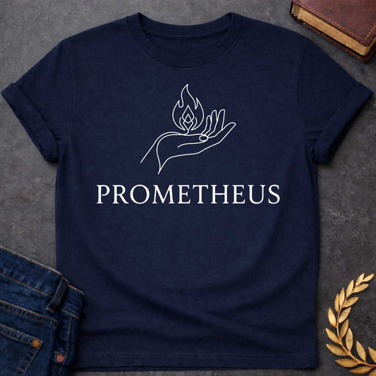 Navy T-shirt with a Minimalist white line art illustration of an open hand holding a stylized flame above the palm. The continuous line drawing shows graceful fingers and a geometric fire symbol representing the gift of fire. Below, elegant serif text reads 'PROMETHEUS' in black. Clean, modern design references the Greek Titan who stole fire from the gods to give to humanity. Simple, symbolic imagery celebrating knowledge, innovation, and defiance of authority.