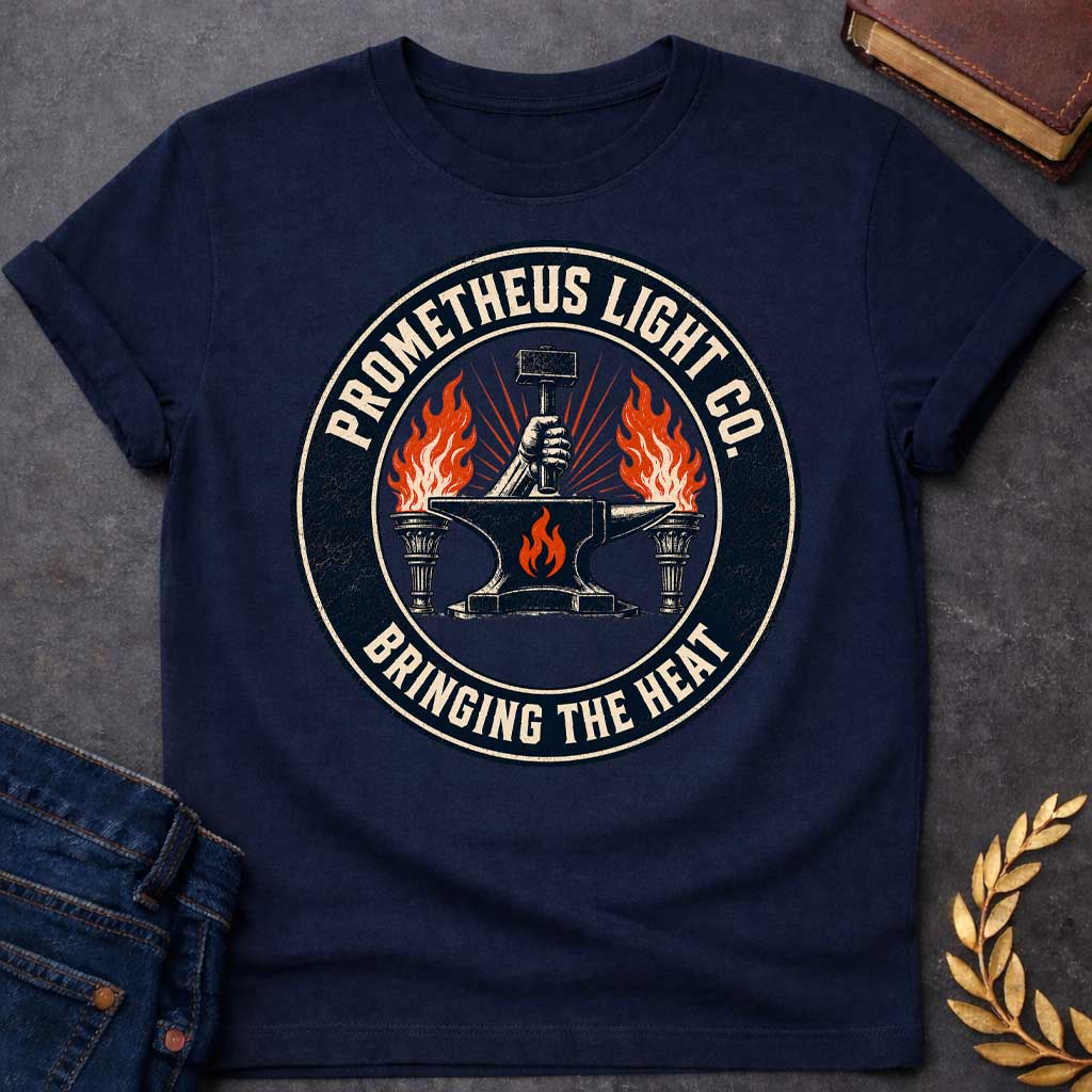 Navy T-shirt with a vintage, distressed trade-logo style t-shirt design. The central graphic features a hand holding a blacksmith's hammer above a black anvil marked with an orange flame, flanked by two burning torches. A thick, dark circular frame encloses the scene, with cream-colored block text reading "PROMETHEUS LIGHT CO." arched along the top and the tagline "BRINGING THE HEAT" arched along the bottom