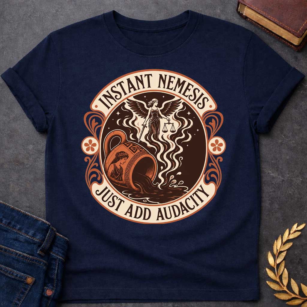 Navy T-shirt with a Vintage product-label style circular design in terracotta, cream, and dark brown. Text reads 'INSTANT NEMESIS' at top and 'JUST ADD AUDACITY' at bottom. Center features Nemesis, the winged Greek goddess of retribution, holding scales of justice above a spilling Greek vase with a classical Greek warrior profile. Swirling smoke rises from the vessel. Ornate Art Nouveau flourishes and floral medallions frame the design. Humorous take on Greek mythology and divine consequences.
