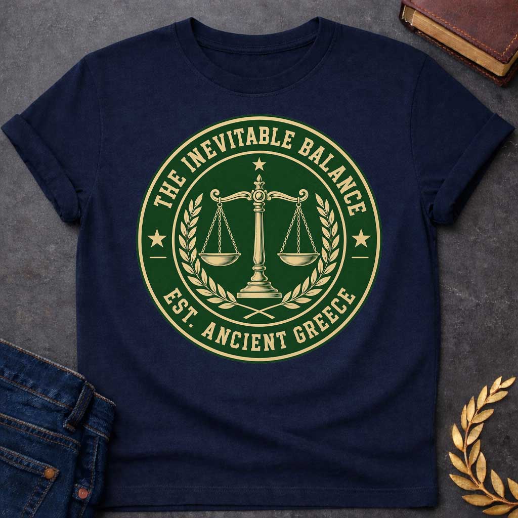 Navy T-shirt with a Circular seal design in forest green and cream featuring balanced scales of justice at center, with a torch flame above. Olive wreaths frame the scales on either side. Stars appear at cardinal points. Text reads 'THE INEVITABLE BALANCE' around top arc and 'EST. ANCIENT GREECE' along the bottom. Classic emblem style referencing Nemesis, the Greek goddess of divine retribution and cosmic balance. Formal, authoritative design celebrating justice and equilibrium.