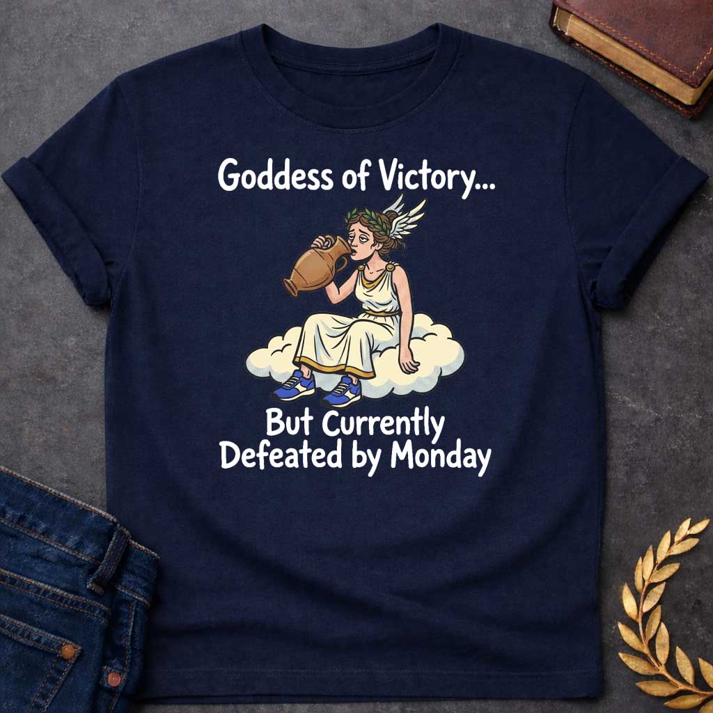 Navy T-shirt with a humorous cartoon of Nike, the Greek goddess of victory, sitting exhausted on a cloud. She wears a cream chiton with gold trim and laurel wreath, holding a large victory amphora. Modern blue sneakers provide comedic contrast. Text reads 'Goddess of Victory...' above and 'But Currently Defeated by Monday' below. Blends classical Greek mythology with relatable modern humor about Monday exhaustion and weekly workplace struggles.