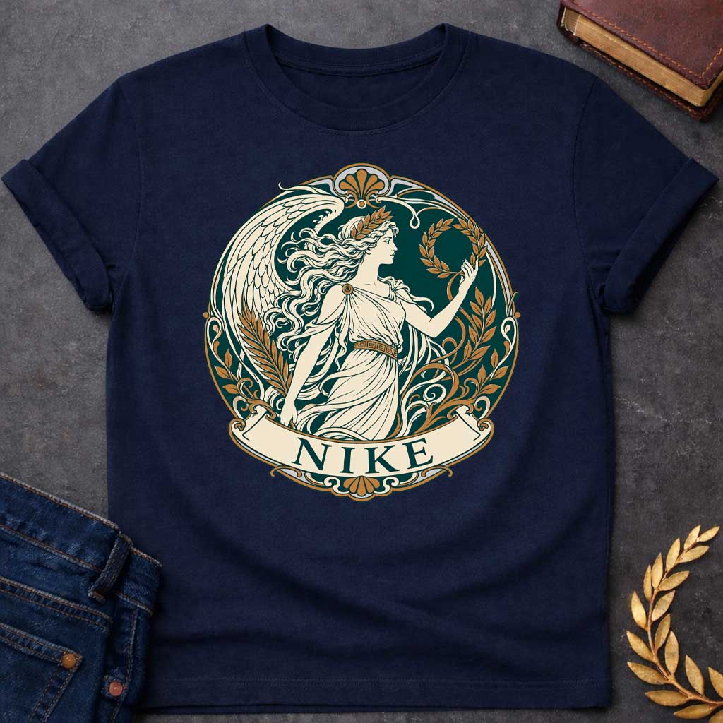 Navy T-shirt with a Classical medallion design in teal, cream, and gold depicting Nike, the Greek goddess of victory. She wears a flowing chiton and holds a laurel wreath, shown in profile with long wavy hair crowned by another laurel wreath. Large detailed wings extend behind. Ornate Art Nouveau border features scrollwork, gold floral elements, and Greek key patterns. Banner below reads 'NIKE' in teal. Celebrates victory, achievement, and athletic glory in classical style.