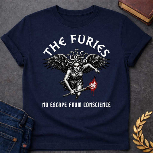 Navy T-shirt with a Dramatic illustration of the Furies, the Greek goddesses of vengeance and punishment. A winged female figure with serpents for hair and red glowing eyes holds a flaming torch. Bold black engraving style with red flame accents. Large dark wings extend from her back, and her expression is fierce and angry. Text reads 'THE FURIES' above and 'NO ESCAPE FROM CONSCIENCE' below. References the Erinyes, divine agents of justice pursuing the guilty.