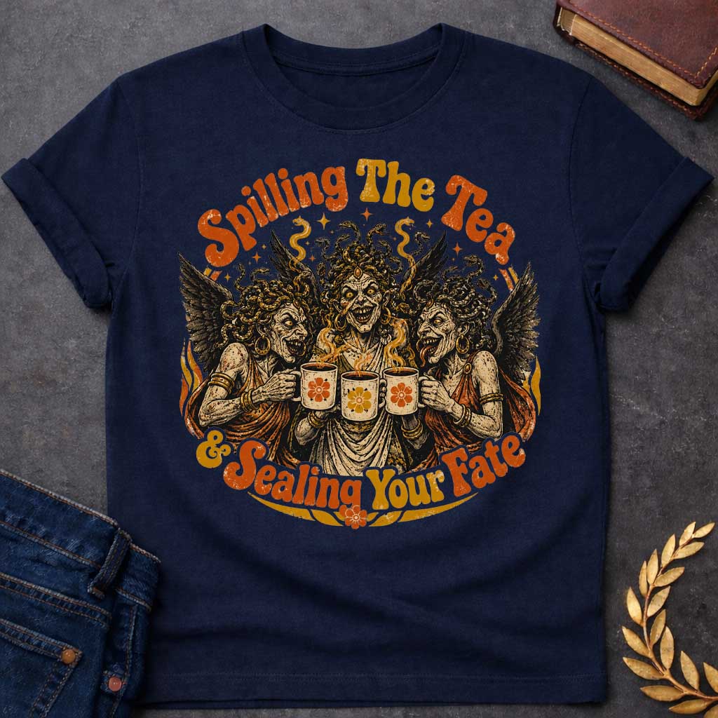 Navy T-shirt with a Humorous illustration blending modern gossip culture with Greek mythology. Three Furies with serpent hair and black wings wear classical robes, each holding a decorative tea cup with floral designs. Their expressions are menacing yet mischievous. Text reads 'Spilling The Tea & Sealing Your Fate.' Black, cream, orange, and gold color scheme with decorative flourishes. Playfully references both tea-spilling gossip and divine vengeance and fate.