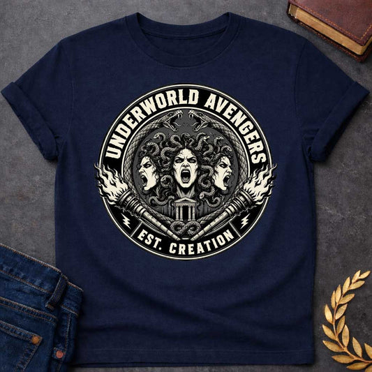 Navy T-shirt with an Official emblem design for the 'Underworld Avengers,' a parody combining Greek mythology with Marvel. Three Fury faces with detailed serpent hair display aggressive expressions. A Greek temple sits below, framed by crossed ornate daggers. Flames and lightning bolts accent the circular seal in vintage badge style. Text reads 'Underworld Avengers: Est. Creation.' Black and cream colors celebrate a team of divine vengeance and supernatural justice.
