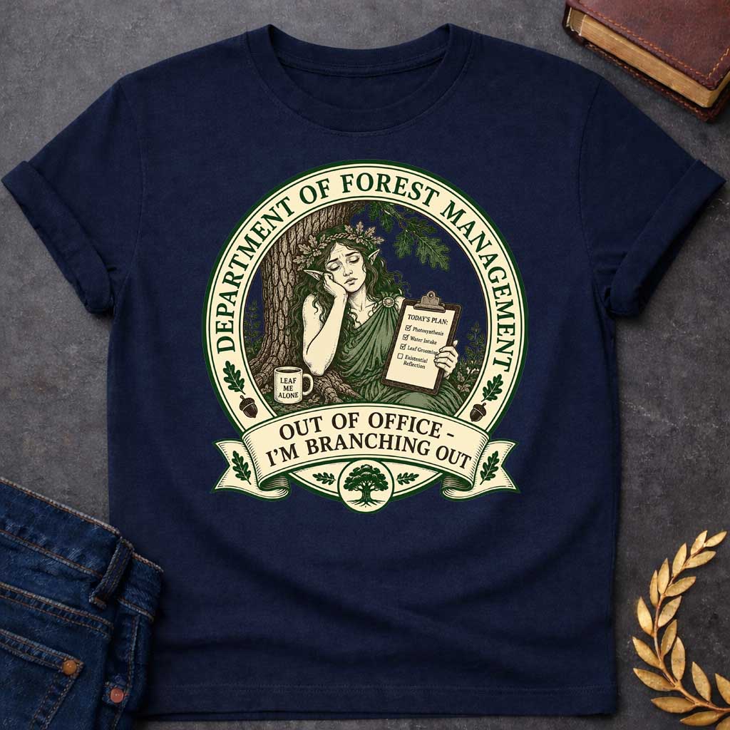 Navy T-shirt with a Humorous official seal depicting a forest goddess managing her day. A woman with long hair and oak leaf crown leans against a tree trunk holding a clipboard listing "Photosynthesis," "Water Intake," "Leaf Grooming," and "Existential Reflection." A mug reads "Leaf Me Alone." Surrounded by oak leaves and acorns. Text reads "Department of Forest Management" and "Out of Office - I'm Branching Out." Green and cream design celebrates nature and forest wisdom.