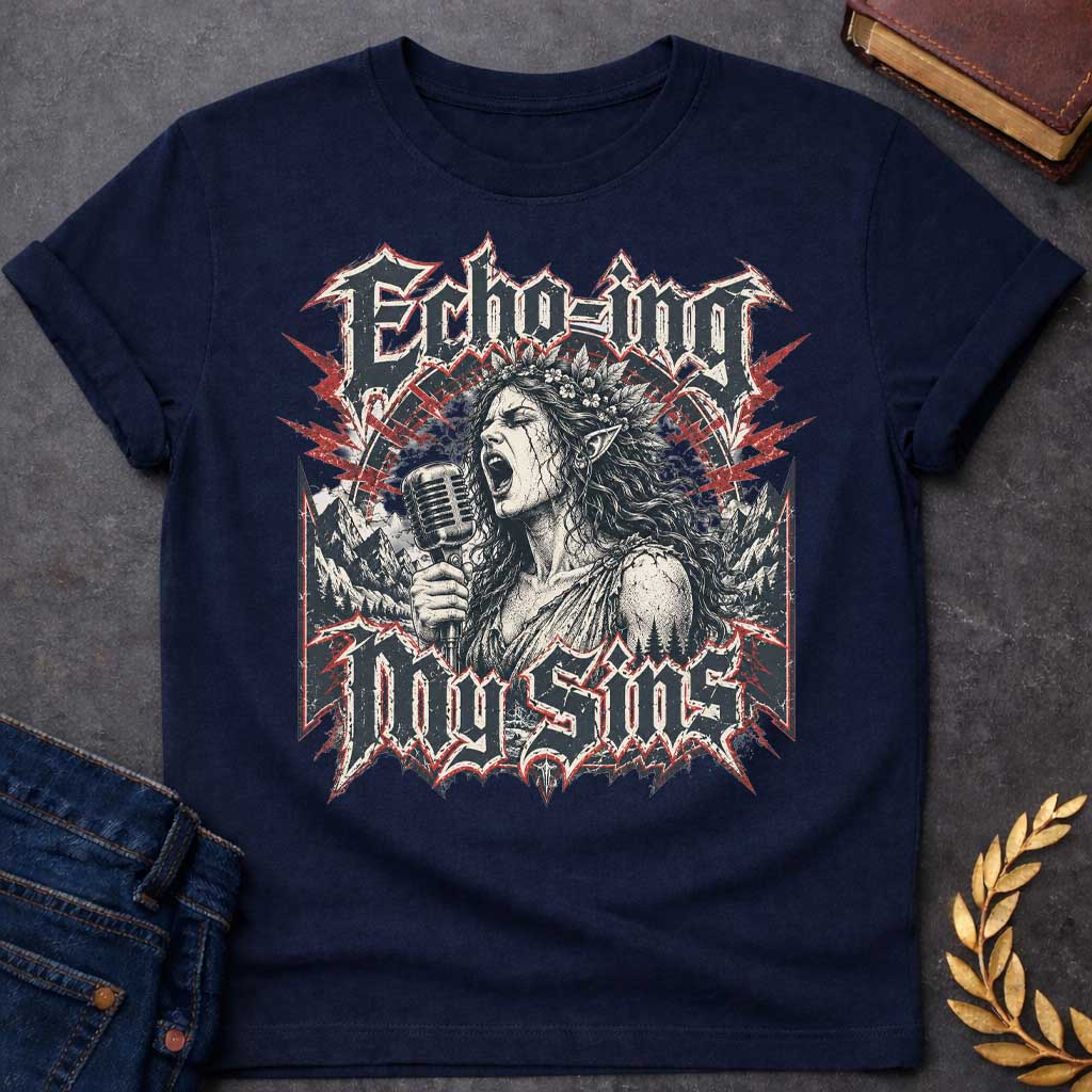 Navy T-shirt with a Heavy metal band aesthetic featuring Echo from Greek mythology as a powerful vocalist. A woman with long wavy hair and leaf crown holds a vintage microphone, singing passionately. Black and white engraving style with red lightning accents. Dark mountainous landscape frames the scene. Text reads 'ECHO-ING MY SINS' in aggressive metal lettering with spiky ornamental borders. Clever wordplay combines the mythological nymph with modern rock rebellion and vocal empowerment.