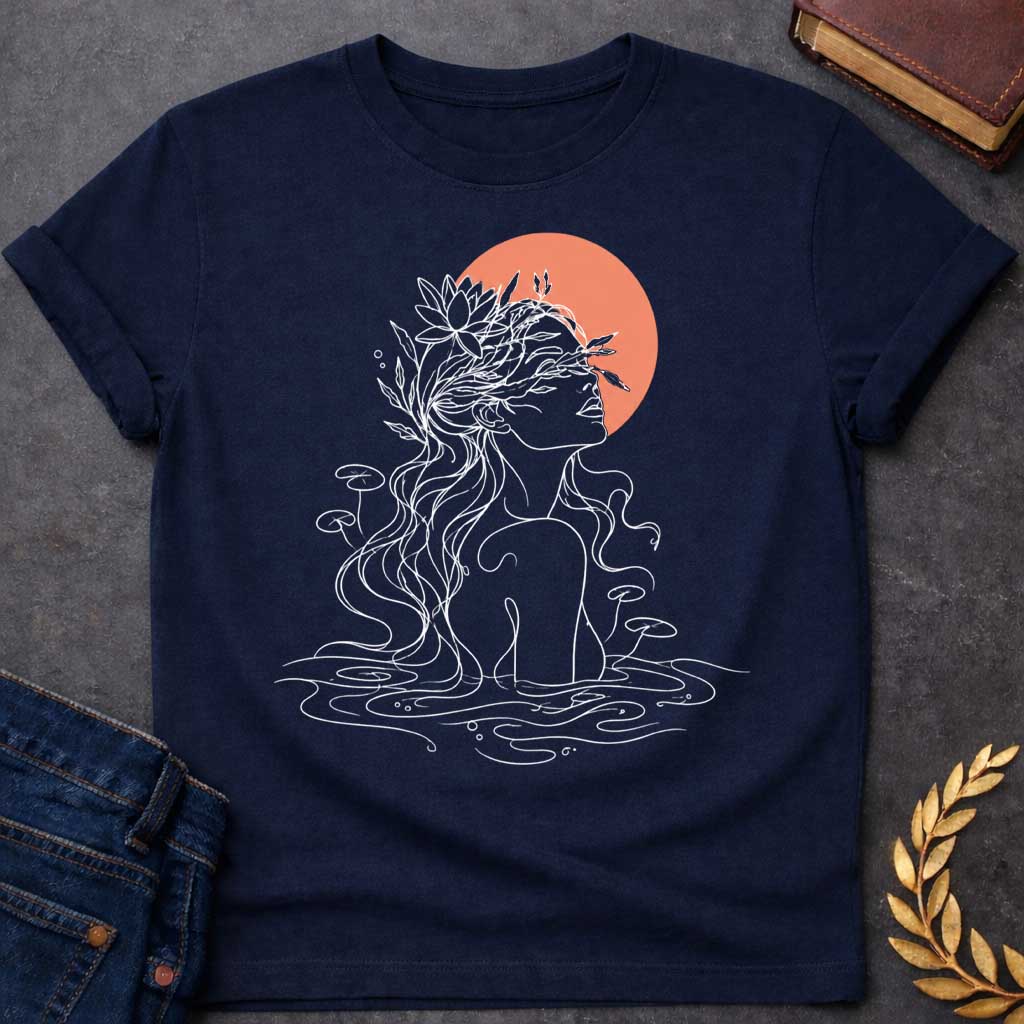 Navy T-shirt with a minimalist, single-line art illustration of a water nymph. The design features the profile of a woman emerging from a stylized pond, with flowing hair adorned with water lilies and aquatic plants. The sun is represented by a solid, warm terracotta circle behind her head. The graphic uses fine white lines on a clean background, creating a serene, modern, and nature-inspired aesthetic