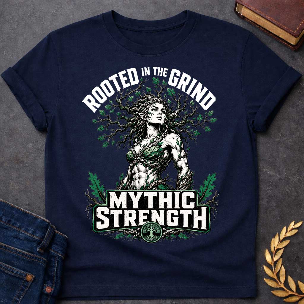 Navy T-shirt with a gym-style Greek mythology t-shirt design featuring a highly muscular tree nymph. Her hair transitions into a massive, sprawling network of oak branches filled with green leaves. Arched above her is the text "ROOTED IN THE GRIND" in a distressed block font. Below her powerful physique, a bold green and white emblem reads "MYTHIC STRENGTH," anchored at the bottom by a circular tree of life icon