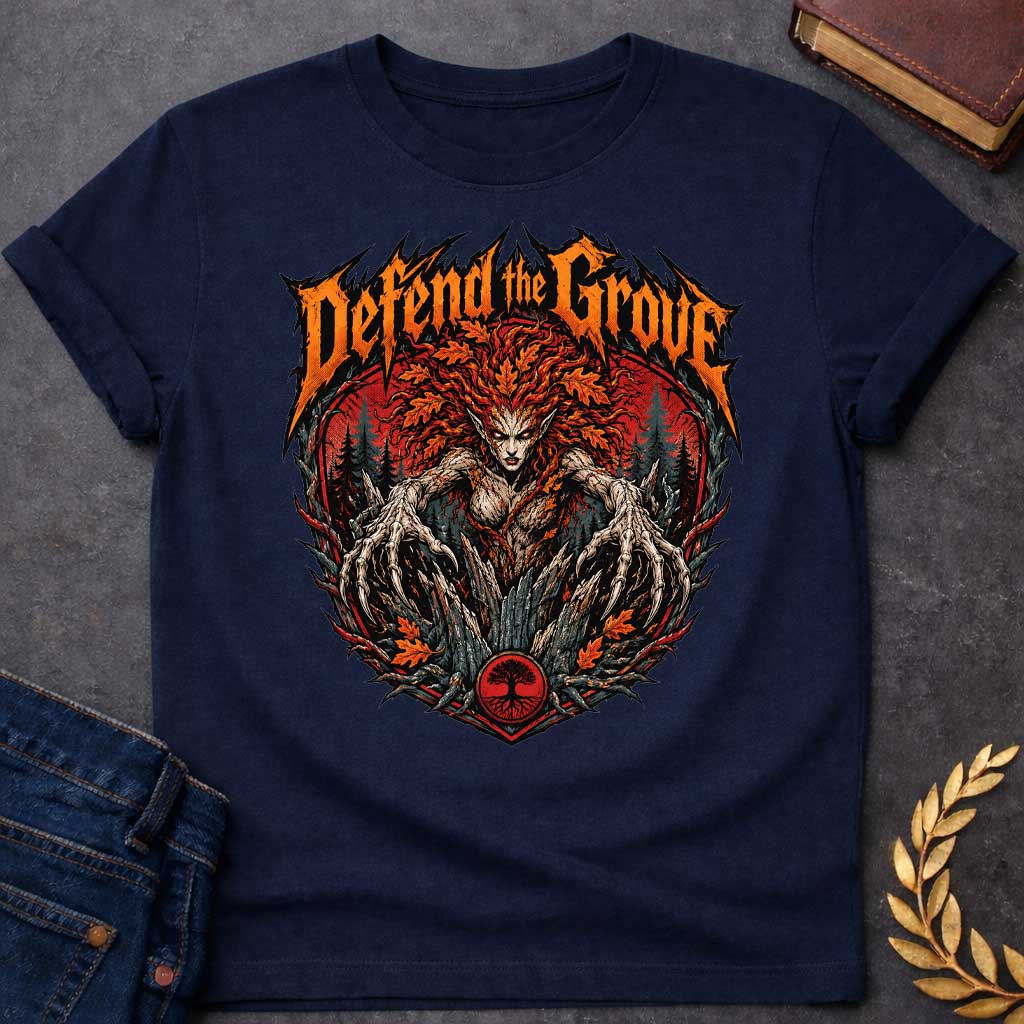 Navy T-shirt with a heavy metal style t-shirt graphic featuring an aggressive, monstrous dryad in a dark forest. She has fiery red and orange autumn leaf hair and sharp, root-like claws extending forward. Above the central circular graphic, the phrase "Defend the Grove" is written in a jagged, spiky orange death metal font. A small circular tree icon rests at the bottom center of the intense design