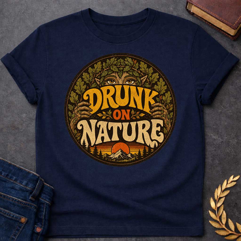 Navy T-shirt with a vintage, retro-style t-shirt graphic enclosed in a circular badge. At the top, the intense gold eyes of a forest nymph or dryad peek out from behind a thick crown of oak leaves. Earthy, stylized 1970s block text proudly reads "DRUNK ON NATURE" in gold and cream. The bottom of the design showcases a serene mountain landscape and a setting sun, framed by rustic pine trees and a distressed texture