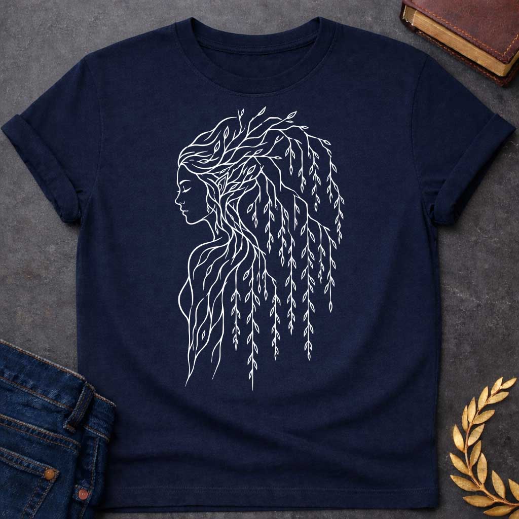 Navy T-shirt with a Minimalist line art portrait of a dryad, a tree nymph from Greek mythology. A woman's profile in delicate white lines has hair composed entirely of weeping willow branches and drooping leaves cascading down her back. Individual leaves are intricately detailed, flowing gracefully like water. Simple contour drawing style emphasizes the spiritual connection between human and nature. Celebrates the mythological guardians of forests and their ethereal beauty
