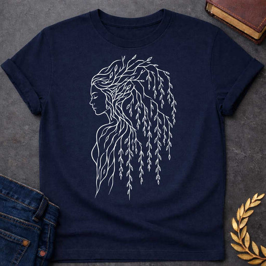 Navy T-shirt with a Minimalist line art portrait of a dryad, a tree nymph from Greek mythology. A woman's profile in delicate white lines has hair composed entirely of weeping willow branches and drooping leaves cascading down her back. Individual leaves are intricately detailed, flowing gracefully like water. Simple contour drawing style emphasizes the spiritual connection between human and nature. Celebrates the mythological guardians of forests and their ethereal beauty
