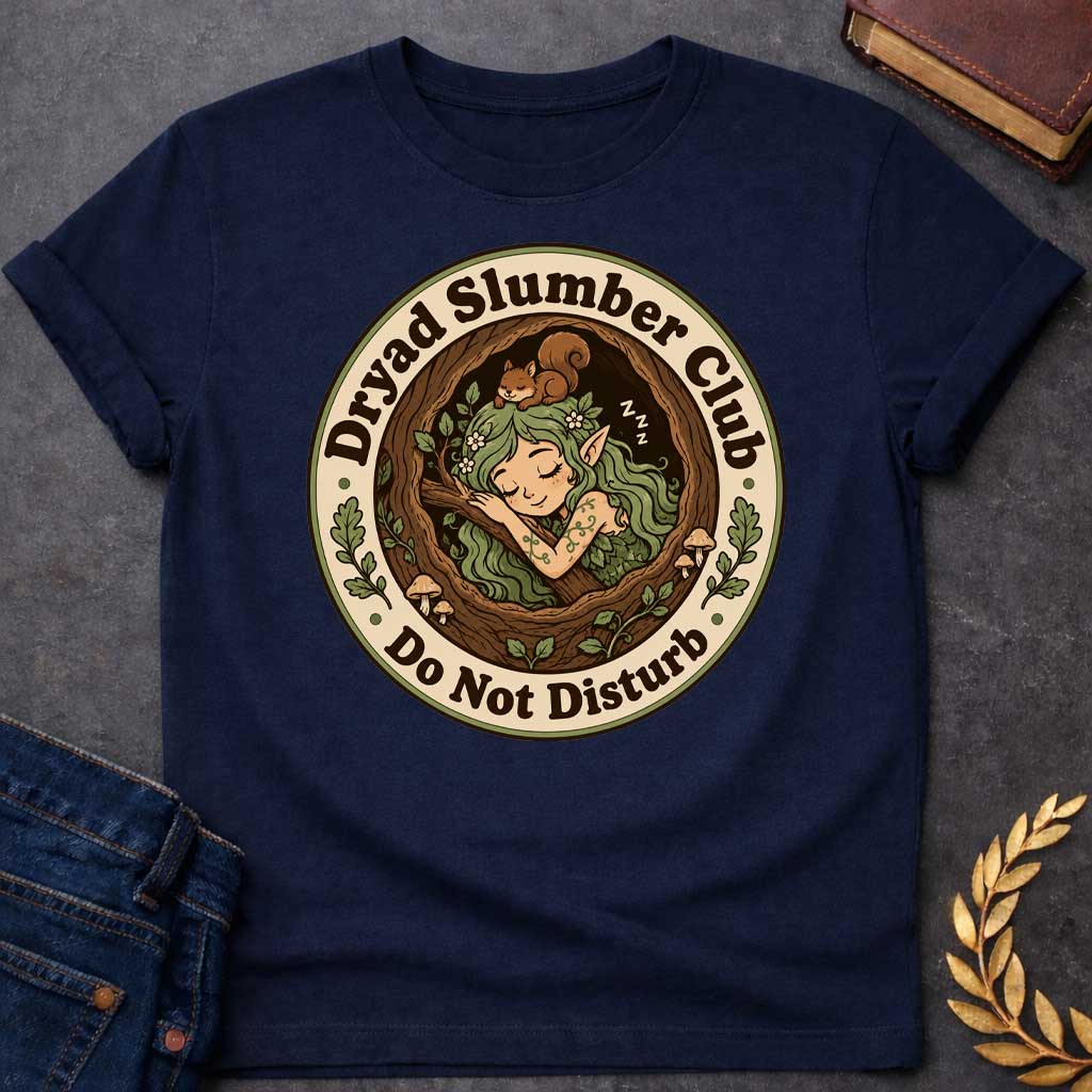 Navy T-shirt with a cute, cartoon-style t-shirt graphic enclosed in a circular badge. Inside a cozy tree hollow, a little green-haired dryad or forest elf sleeps peacefully next to small mushrooms, while a tiny brown squirrel naps on her head. A cream-colored outer ring features dark brown text that reads "Dryad Slumber Club" along the top and "Do Not Disturb" along the bottom, accented by small green oak leaves
