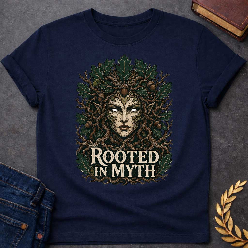 Navy T-shirt with a detailed cottagecore-style graphic featuring a powerful oak tree dryad or nature spirit. Her intense face, with glowing white eyes, is framed by gnarled, twisting branches and a thick canopy of dark green oak leaves and brown acorns. Interwoven with the roots at the bottom, the bold, stylized cream text reads "ROOTED IN MYTH," creating a striking, mythical, and nature-inspired apparel design