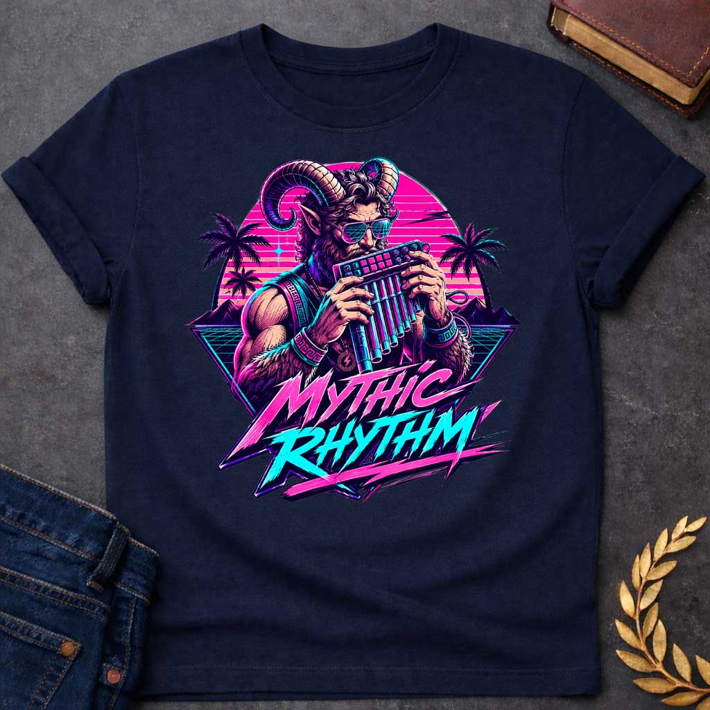 Navy T-shirt with a Vaporwave-style illustration of a satyr in neon magenta and cyan, holding a pan flute and modern music production keyboard. The bearded figure wears sunglasses with gradient frames and ornamental bracelets with Greek key patterns. Framed by tropical palm trees and geometric mountains with scan line effects. Text reads 'MYTHIC RHYTHM' in bold magenta and cyan lettering with zigzag effects. Blends classical Greek mythology with modern electronic music culture and retro digital aesthetics.
