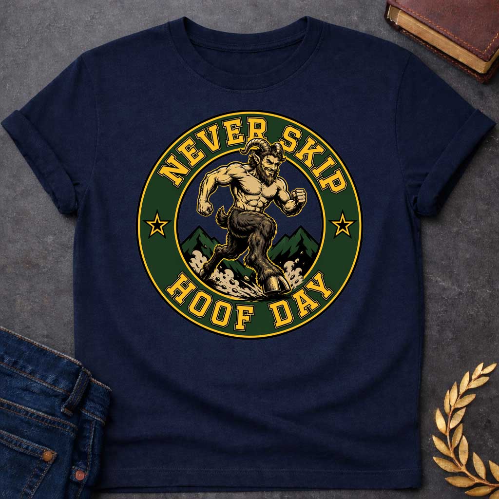 Navy T-shirt with a Gym badge-style emblem featuring a muscular satyr celebrating 'Never Skip Hoof Day.' A bearded, horned figure with extremely defined musculature stands on goat legs in a dynamic running pose. Dark green mountains frame the background. Text reads 'Never Skip Hoof Day' in gold lettering around a forest green circle with gold borders and star accents. Humorous wordplay blends Greek mythology satyr imagery with modern fitness culture and leg day humor.