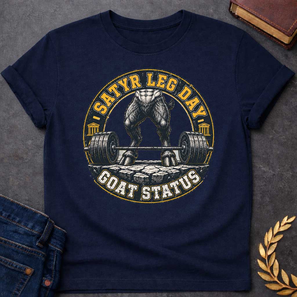 Navy T-shirt with a Humorous fitness badge depicting a satyr's leg day workout. Viewed from the waist down, a heavily muscled satyr with dark hairy goat legs stands in a deadlifting stance, holding a loaded barbell with massive weight plates on a rough stone platform. Gold and black circular emblem features text reading 'Satyr Leg Day' and 'Goat Status' with Greek temple columns on sides. Distressed vintage aesthetic celebrates satyr strength and workout dedication.
