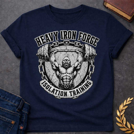 Navy T-shirt with a Black and white engraving fitness emblem of a muscular cyclops lifting a massive barbell overhead. The bearded figure displays exceptional musculature. Heavy iron chains frame the circular seal with cracked stone. Text reads 'Heavy Iron Forge' and 'Isolation Training.' A crossed hammer symbol adorns the chest. Combines Greek mythology with bodybuilding culture and strength training dedication.
