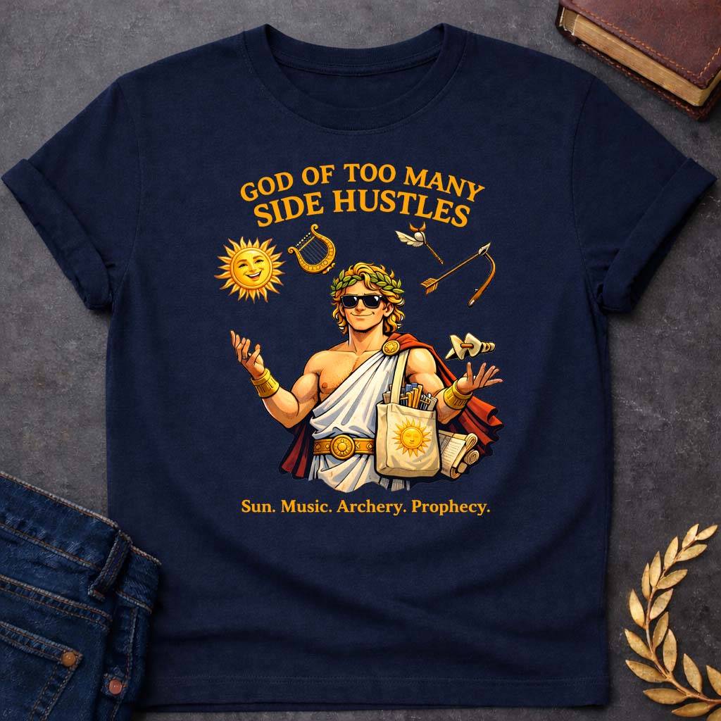 Apollo God of Too Many Side Hustles Greek Mythology Youth T-Shirt featuring detailed Greek mythology artwork, symbolic design, and bold graphic style