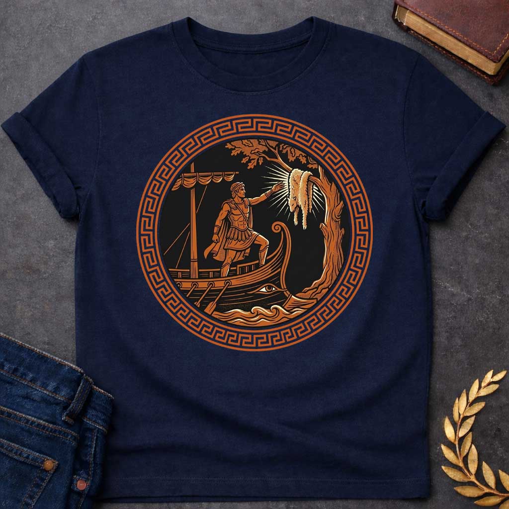 Navy T-shirt with An ancient Greek pottery-style emblem t-shirt design. Inside a prominent terracotta circular frame featuring a classic meander key pattern, a black-figure style illustration depicts a muscular hero standing on the prow of a wooden ship. He reaches a hand out toward the glowing Golden Fleece hanging from a nearby tree branch, rendered in a bold black, white, and terracotta palette.