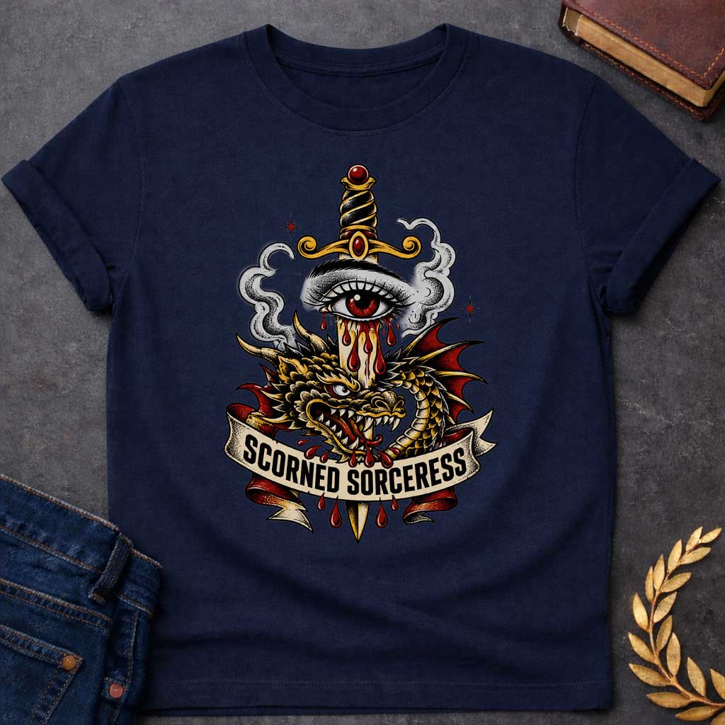 Navy T-shirt featuring traditional tattoo-style artwork: a gold-hilted dagger with black-and-gold wrapped handle and ruby pommel pierces through a weeping red-irised eye, blood streaming down the blade. A gold and red dragon coils around the dagger, fangs bared, with grey smoke curling behind. A cream ribbon banner below reads "Scorned Sorceress" in bold black lettering, dripping blood, on a white background.