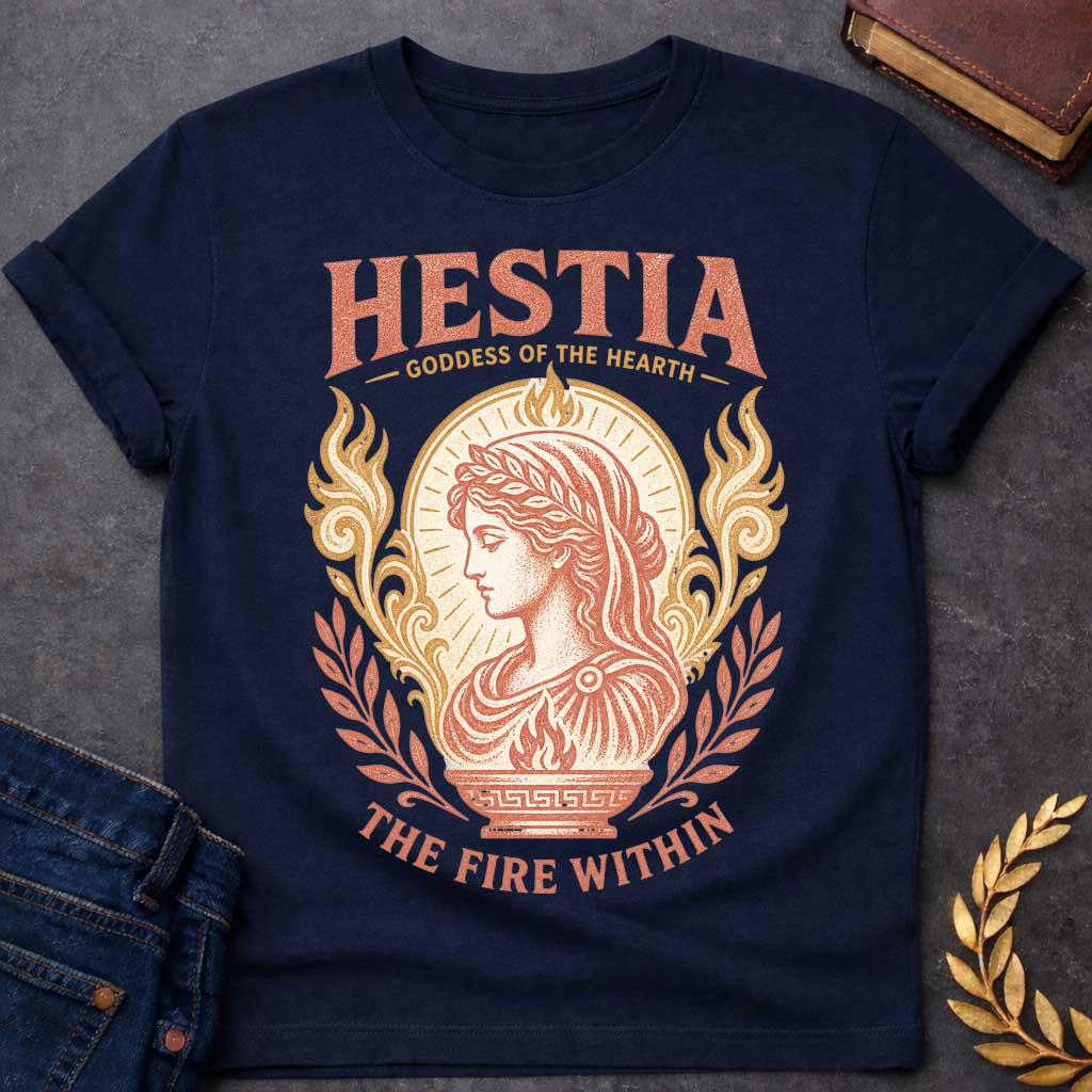Navy t-shirt with a Vintage Hestia Greek mythology shirt  featuring the Goddess of the Hearth in profile, wearing a laurel crown and classical robes. She is surrounded by sacred flames, ornate scrollwork, leafy branches, and a glowing hearth motif. Distressed coral and gold artwork includes the bold text “Hestia Goddess of the Hearth” and “The Fire Within.”