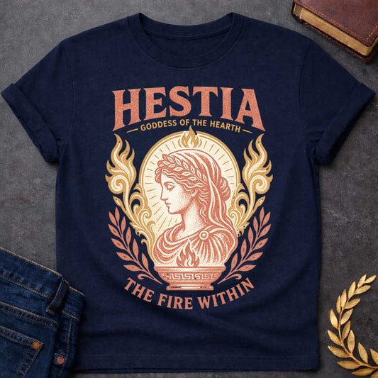 Navy t-shirt with a Vintage Hestia Greek mythology shirt  featuring the Goddess of the Hearth in profile, wearing a laurel crown and classical robes. She is surrounded by sacred flames, ornate scrollwork, leafy branches, and a glowing hearth motif. Distressed coral and gold artwork includes the bold text “Hestia Goddess of the Hearth” and “The Fire Within.”
