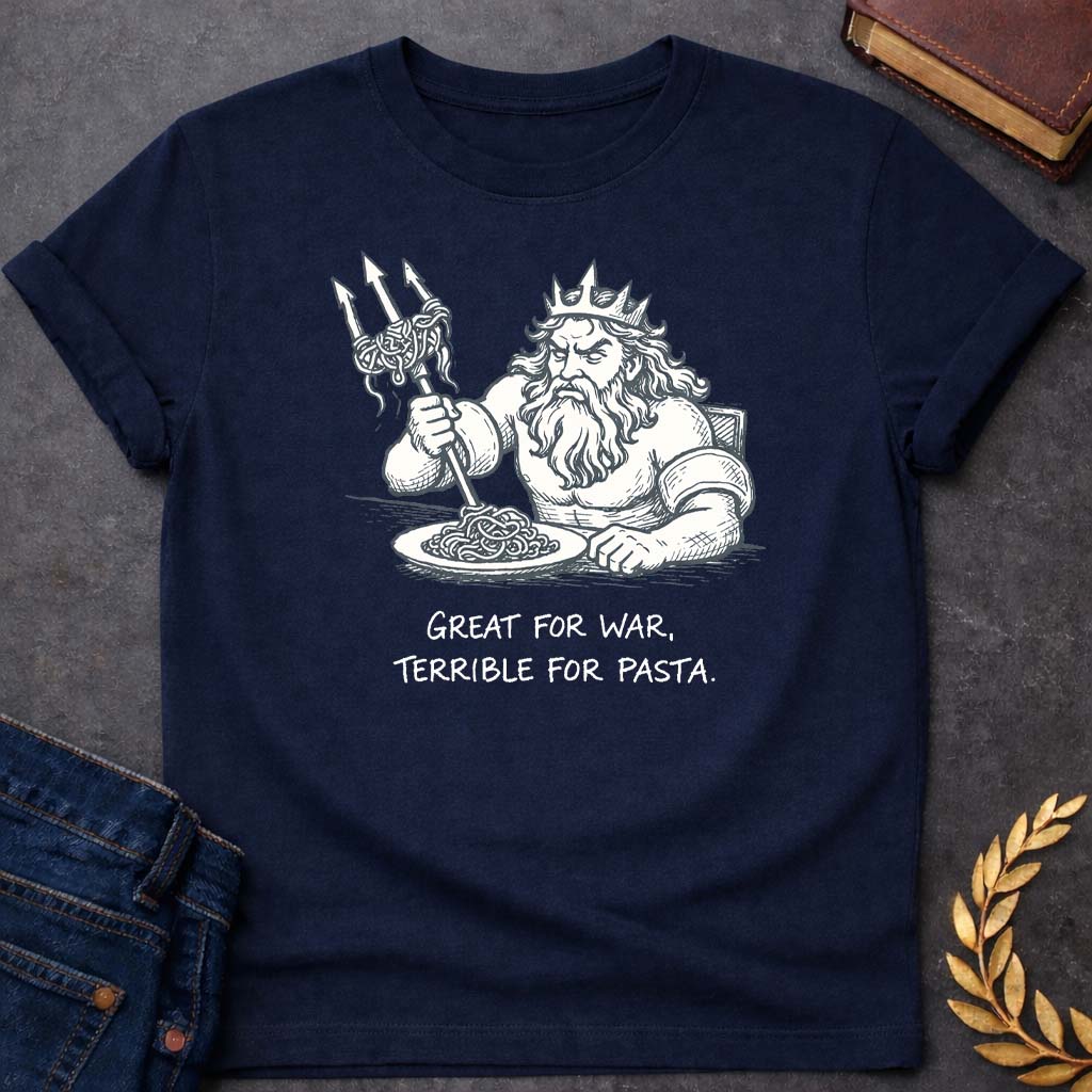 Poseidon Great for War Terrible for Pasta Club Greek Mythology Youth T-Shirt featuring trident, ocean waves, sea god symbolism in Greek mythology design