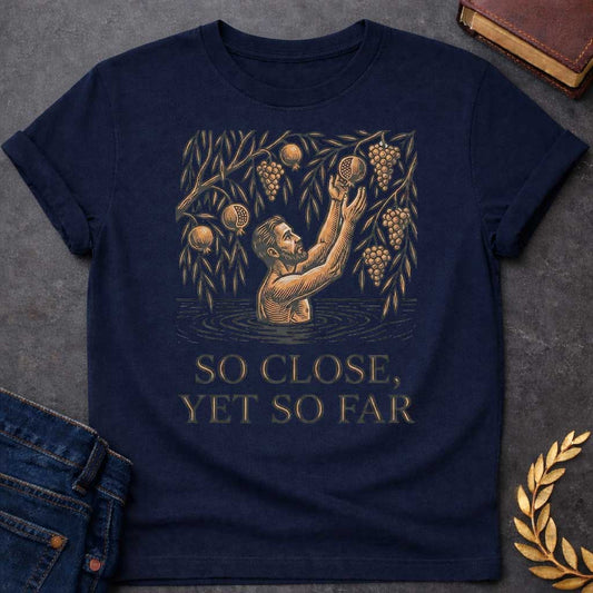 Navy t-shirt with A woodcut-style illustration. A bearded man stands waist-deep in rippling water, reaching both arms upward toward hanging fruit branches heavy with grapes and pomegranates just out of his grasp. Centered below the detailed linework illustration, bold, shadowed serif text reads "SO CLOSE, YET SO FAR"