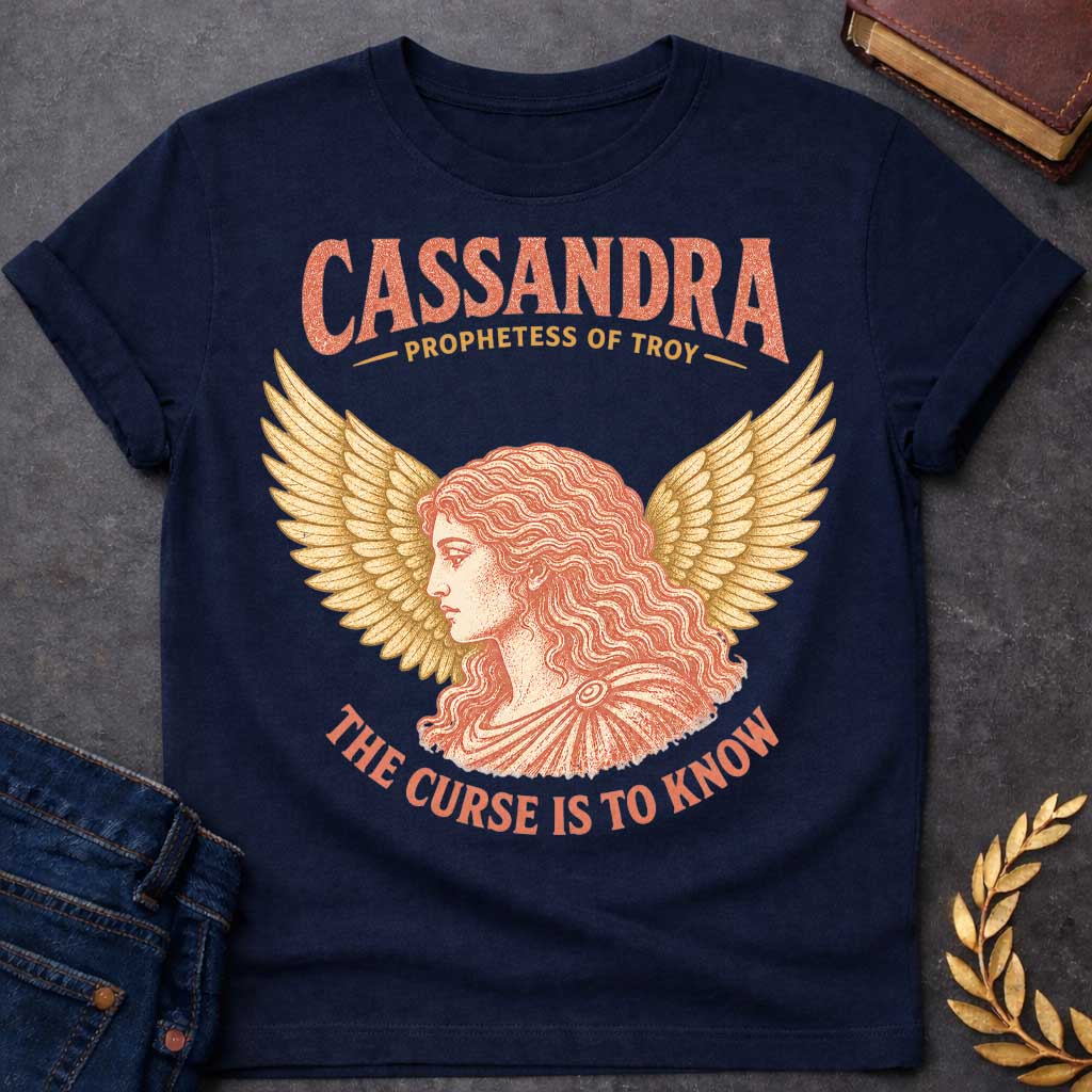 Navy t-shirt with a Vintage Greek mythology design featuring Cassandra, prophetess of Troy, in a classical portrait framed by dramatic golden wings. Warm coral and gold engraving-style artwork accompanies bold text reading "Cassandra – Prophetess of Troy" and "The Curse Is to Know," inspired by her tragic gift of prophecy and the curse that no one would believe her warnings.
