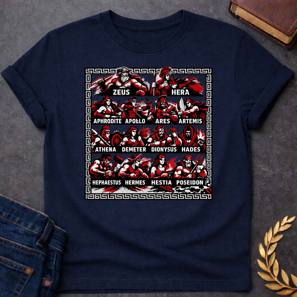 the olympian gods battle mode greek mythology adult t shirt featuring detailed Greek mythology artwork, symbolic design, and bold graphic style