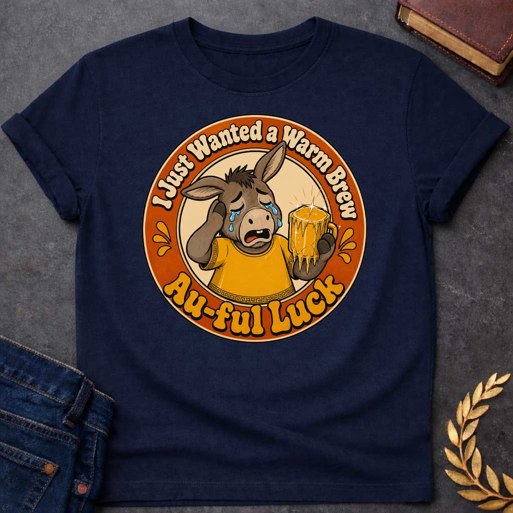 Navy t-shirt with A Funny Greek mythology design featuring a crying cartoon donkey wearing a gold ancient Greek tunic and holding a dripping gold beer mug. Circular vintage badge layout with the humorous text, "I Just Wanted a Warm Brew" at the top and "Au-ful Luck" at the bottom, referencing the myth of King Midas. Retro orange, gold, cream, and brown color palette with bold, distressed vintage styling.